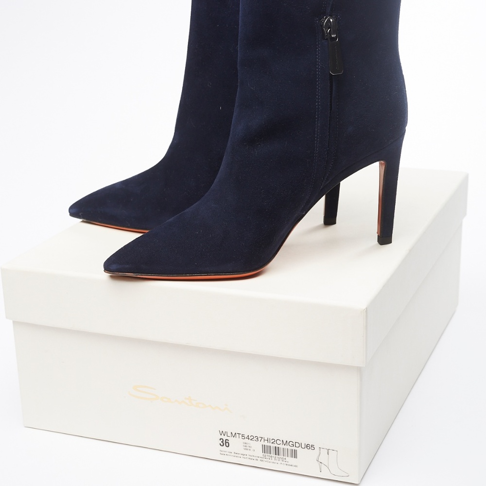❌ NWT Santoni Navy Blue Suede High Heel Boots - Picture 8 of 9